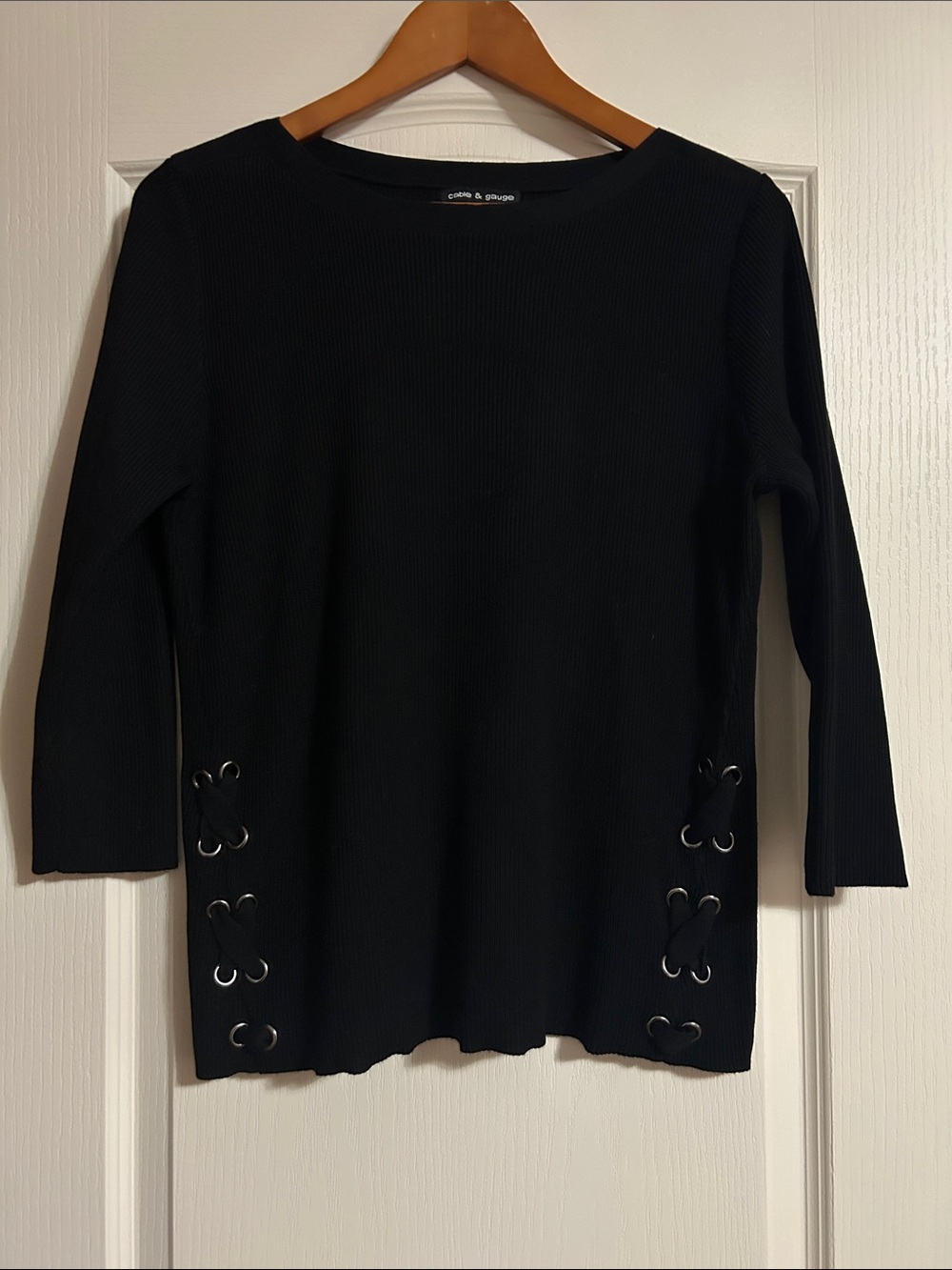 Cable & Gauge Black Ribbed 3/4 -Sleeve Sweater with Side Lace-Up Eyelets